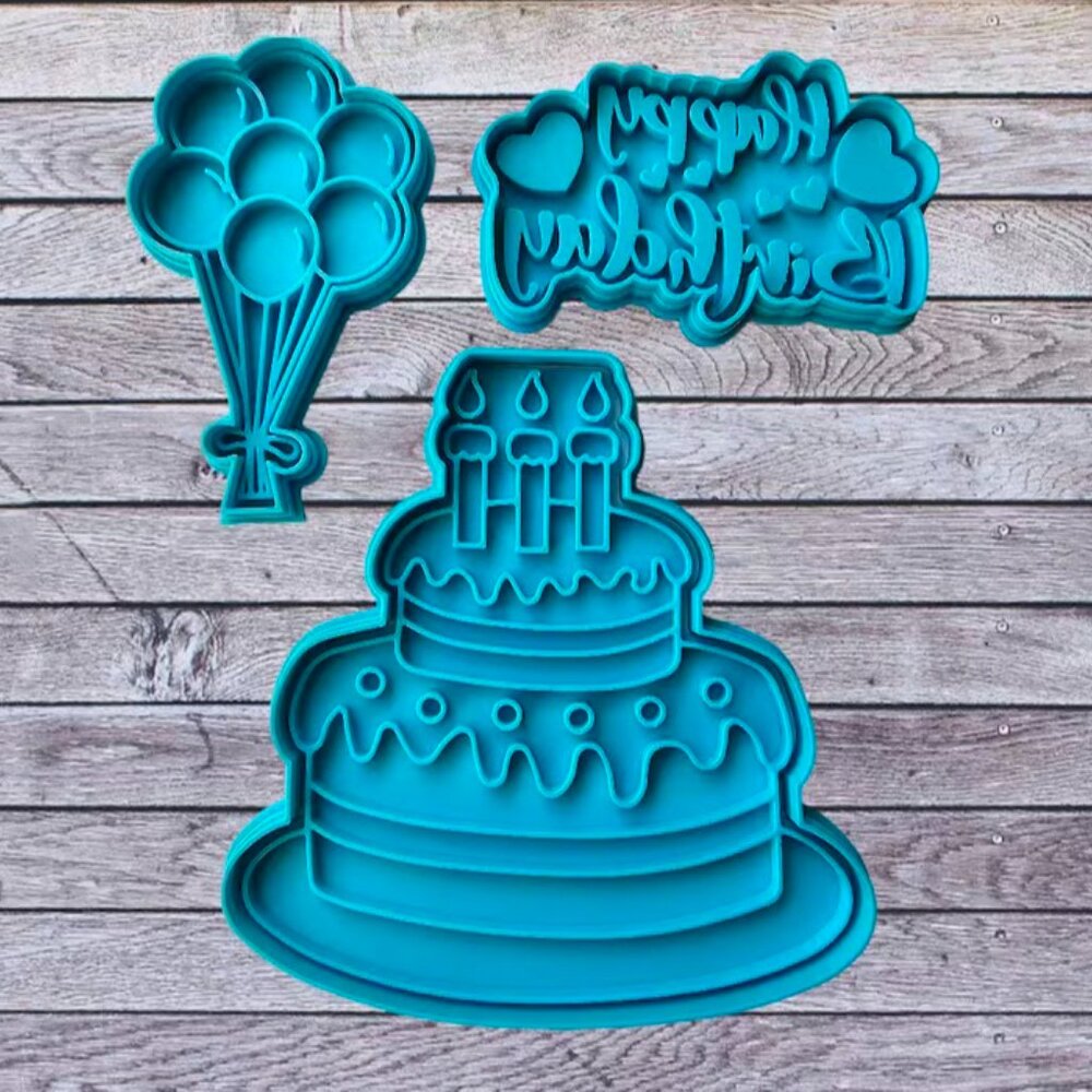 3-Piece Birthday Cake Cookie Cutters & Stamp Set  - NEW